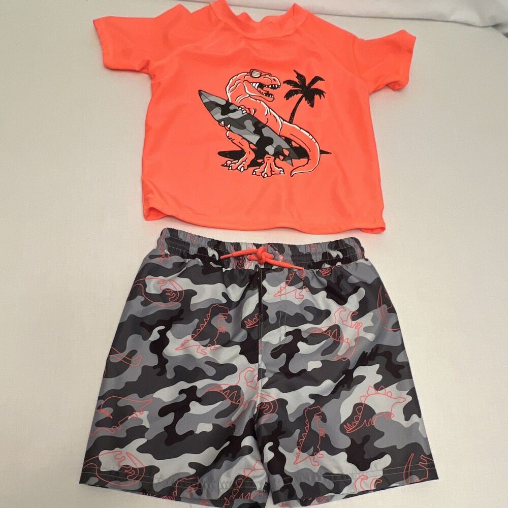 Jumping Beans Boys 5T 2-Piece Swim Set Orange Dino Swim Shirt & Camo Trunks
